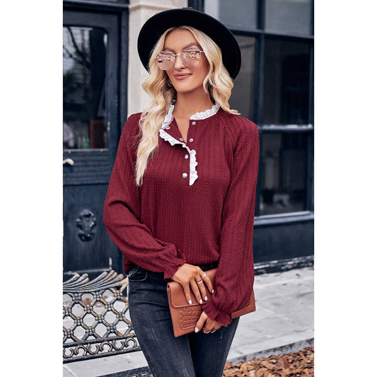 Knit Round Ruffle Open Neck Solid Loose Fit Blouse | Blouse - Women's | long sleeve top, tops | Elings