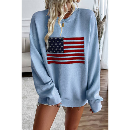 Knit Round Neck Flag Print Loose Fit Sweater