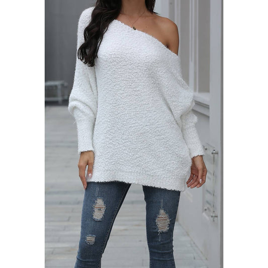 Fluffy One Shoulder Wide Neck Loose Solid Sweater | Knit Sweater - Women's | F, long sleeve top, new arrival, shoppe247, Sweaters, Top, tops | Elings