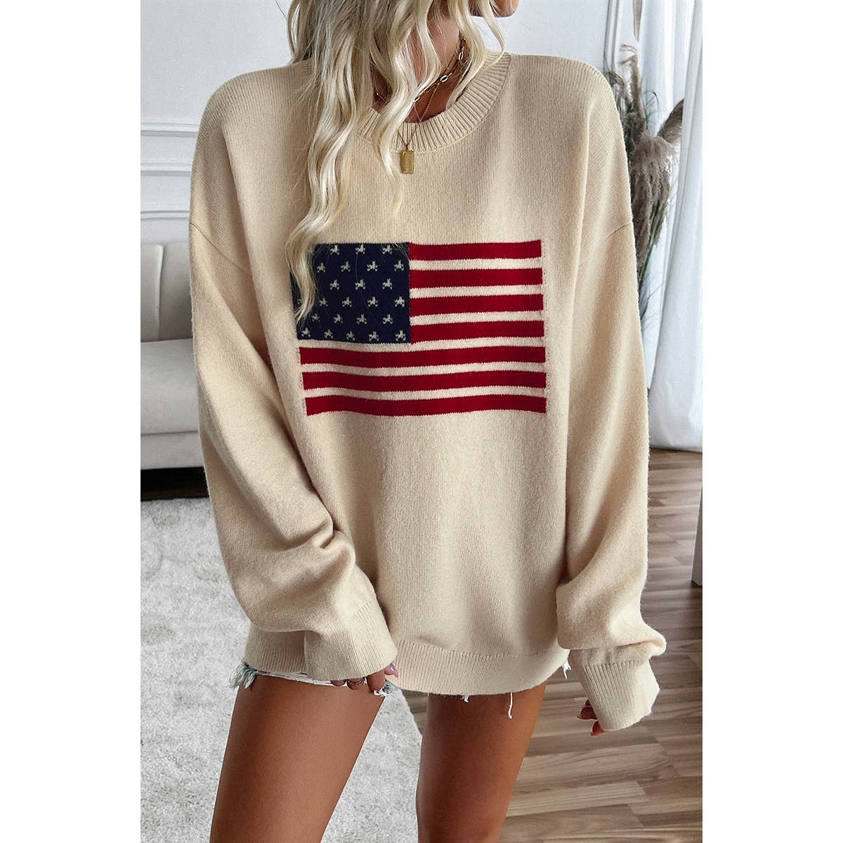 Knit Round Neck Flag Print Loose Fit Sweater