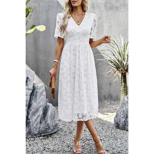 Lace Solid Floral Hollow Out Fit V Neck Dress | Dress - Women's | 523, Dress, midi dress | Elings