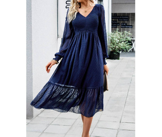 Dot Ruched V Neck Ruffle Hem Lined Full Dress | Dress - Women's | Dress, LK, midi dress | Elings