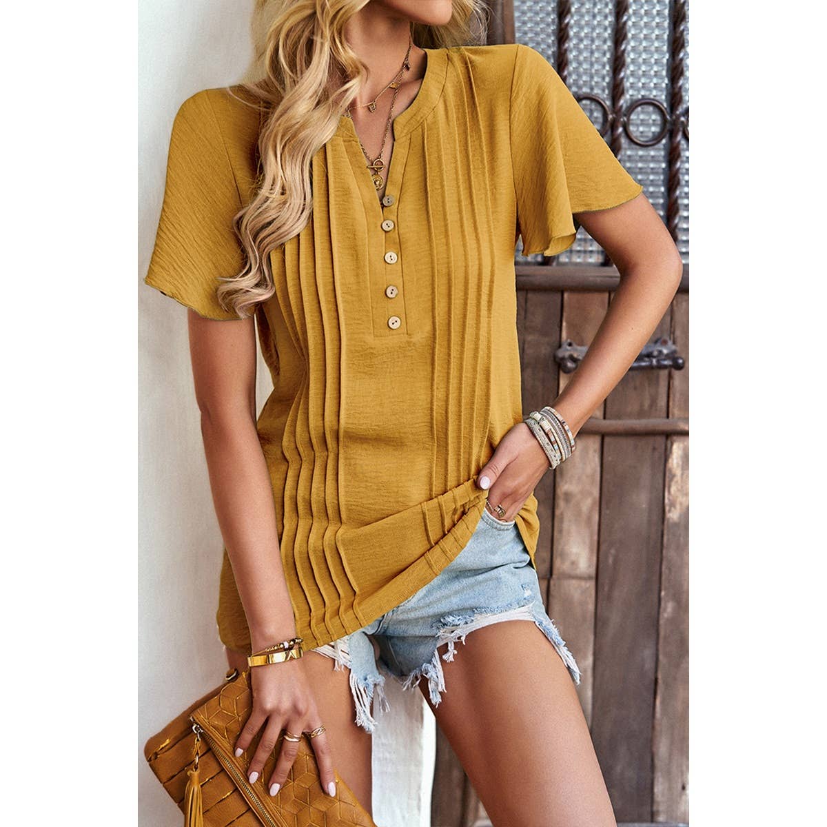 Solid Strip Ruffle Button Loose Fit Blouse | Shirt - Women's | 523, short sleeve top, tops | Elings