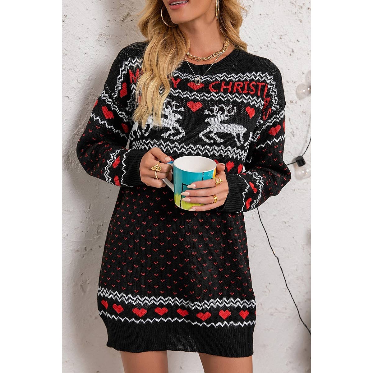 Christmas Pattern Crew Neck Knitted Sweater Dress