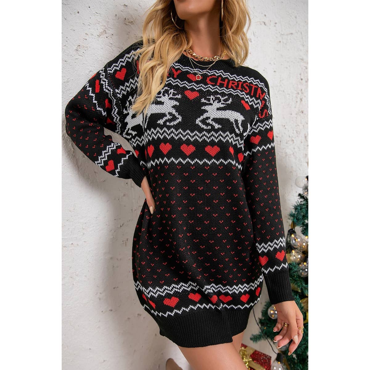 Christmas Pattern Crew Neck Knitted Sweater Dress | Knit Sweater - Women's | above the knee, Dress, F, new arrival, shoppe247 | Elings