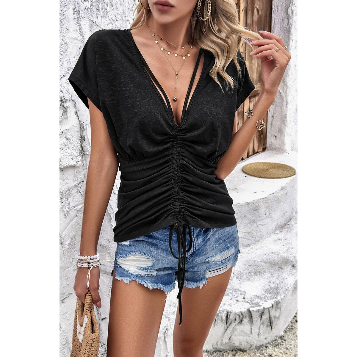 Color Block Deep V Ruched Lace Fit Solid Shirt