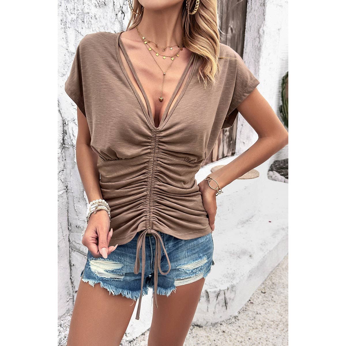 Color Block Deep V Ruched Lace Fit Solid Shirt