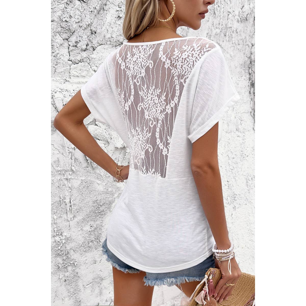 Color Block Deep V Ruched Lace Fit Solid Shirt