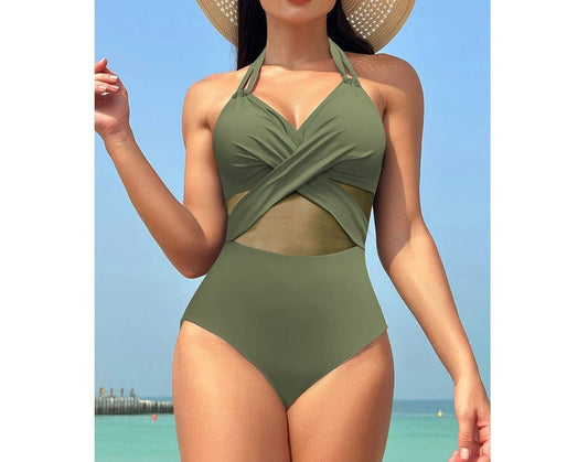 Color Block Halter Cross Lace One Piece Swimsuit | One Piece Swim Suit - Women's | 2404, F, new arrival, one piece, swimsuit | Elings