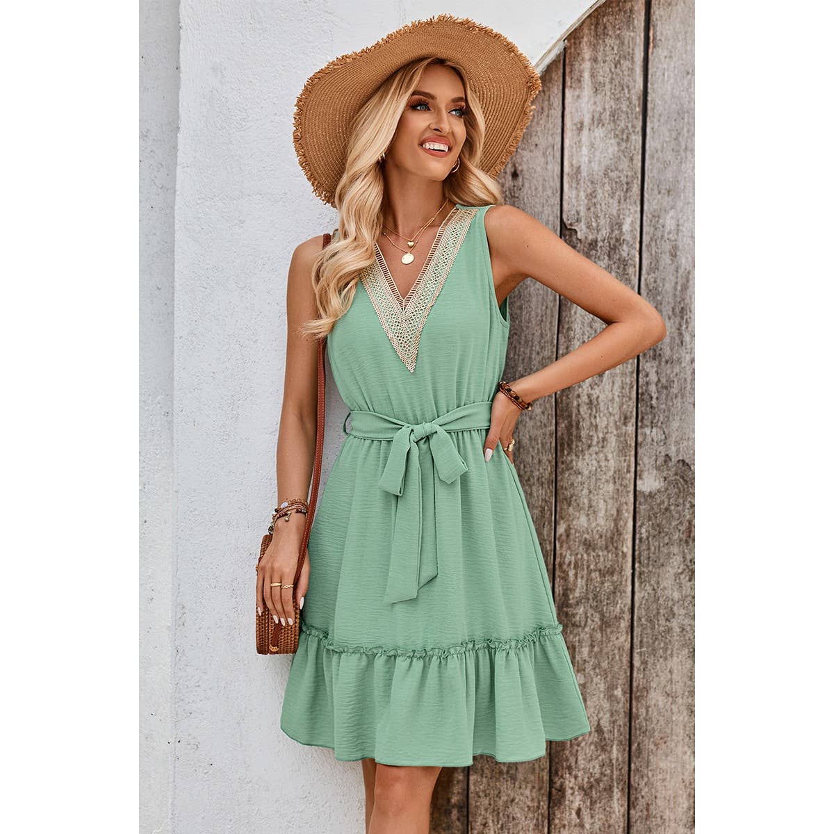 Color Block Lace V Neck Belt Sleeveless Dress