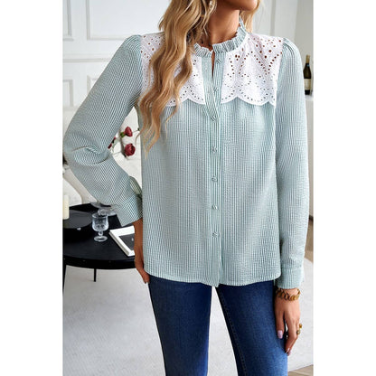 Color Block Strip Button Hollow Out Blouse - Elings