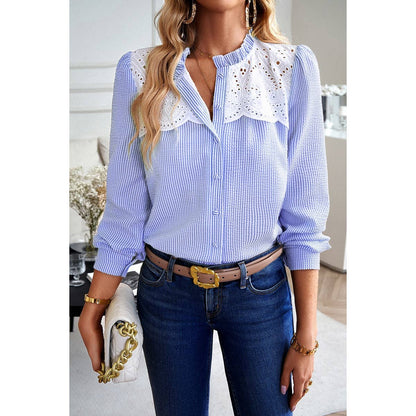 Button Front Vertical Stripes Lace Accent Shirt | Blouse - Women's | 011624, long sleeve top, new arrival, tops | Elings