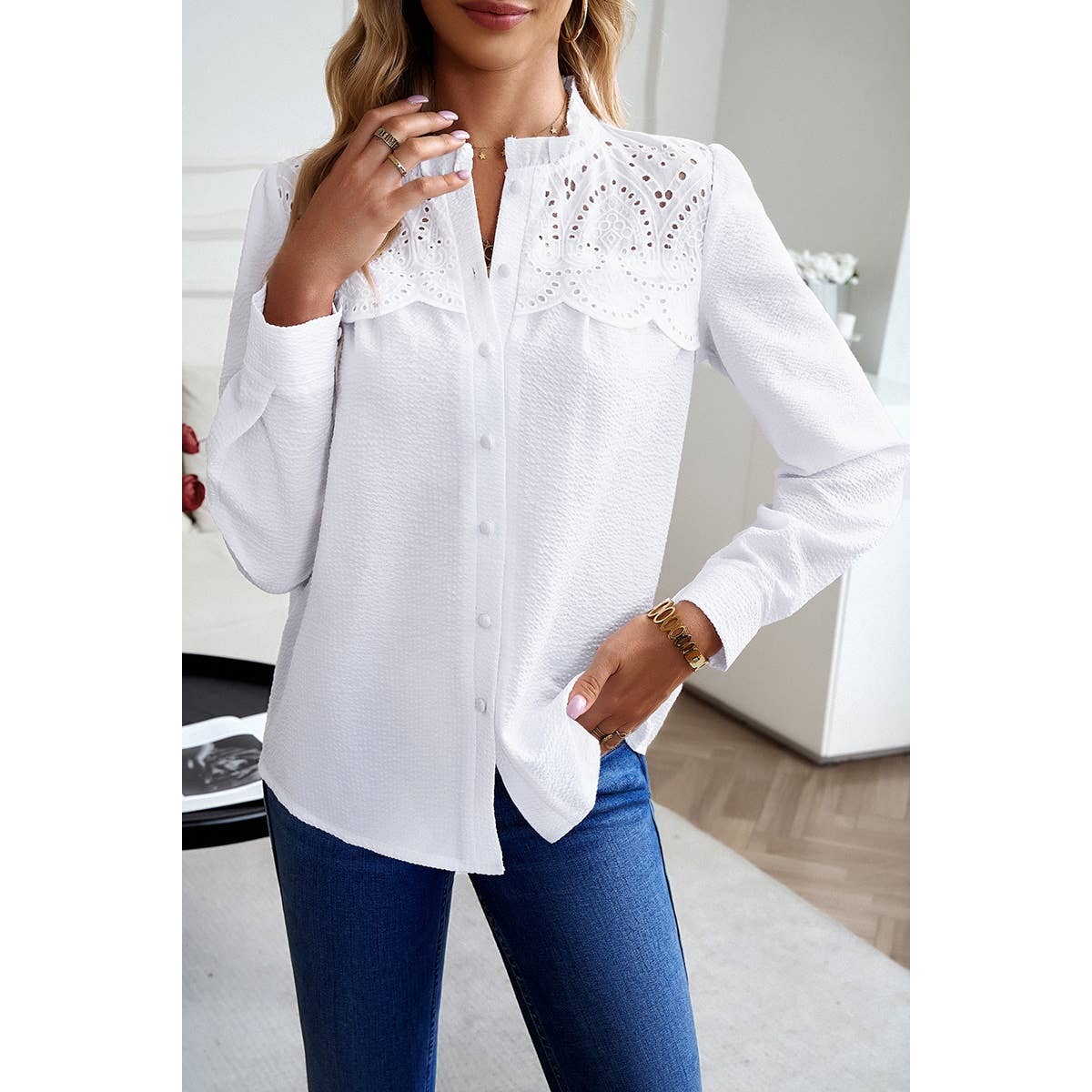 Color Block Strip Button Hollow Out Blouse - Elings