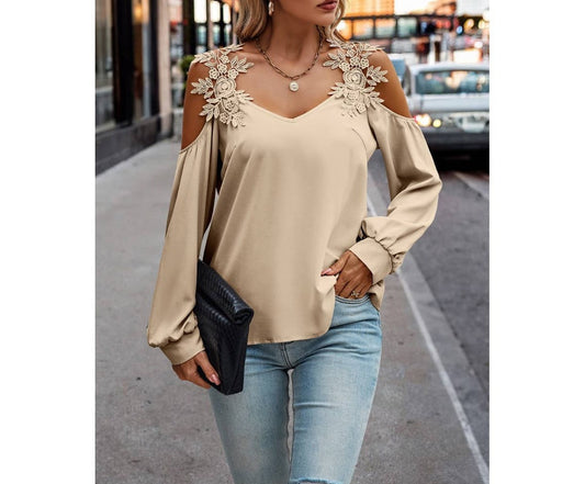 Contrast Low Back Lace Cold Shoulder Top | Blouse - Women's | F, Long Sleeve, long sleeve top, new arrival, S, Top | Elings