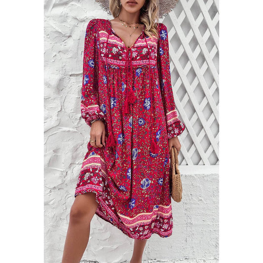 Cross Knot Floral Print Loose Fit V Neck Dress | Dress - Women's | Dress, F, floral, LK, midi dress, new arrival | Elings