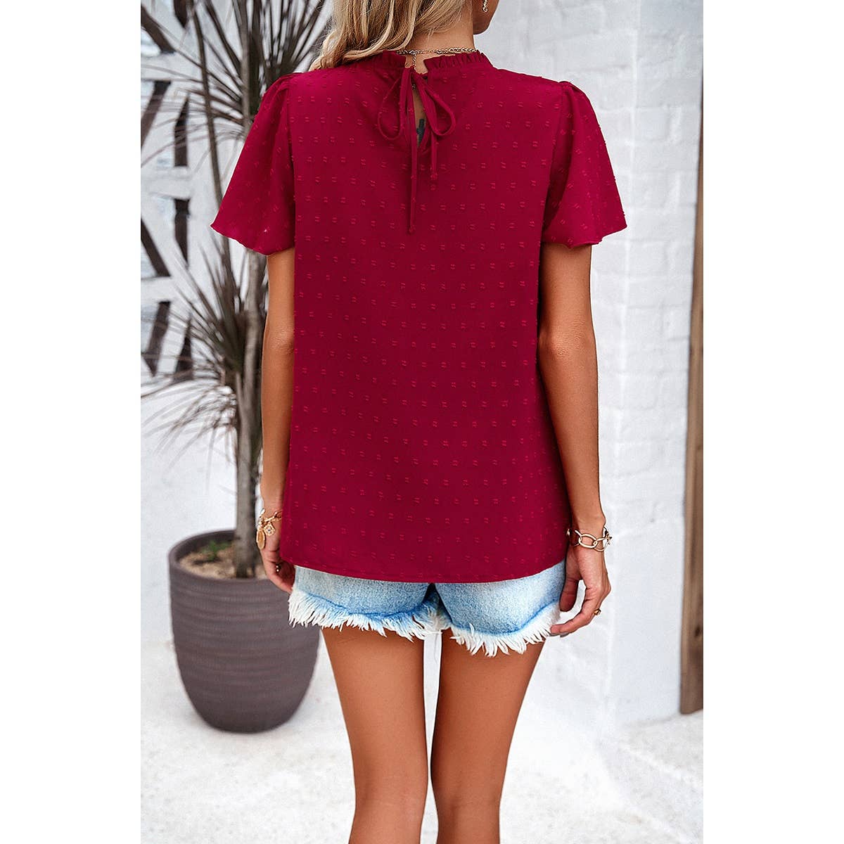 Cross Knot Swiss Dot Solid Loose Fit Top