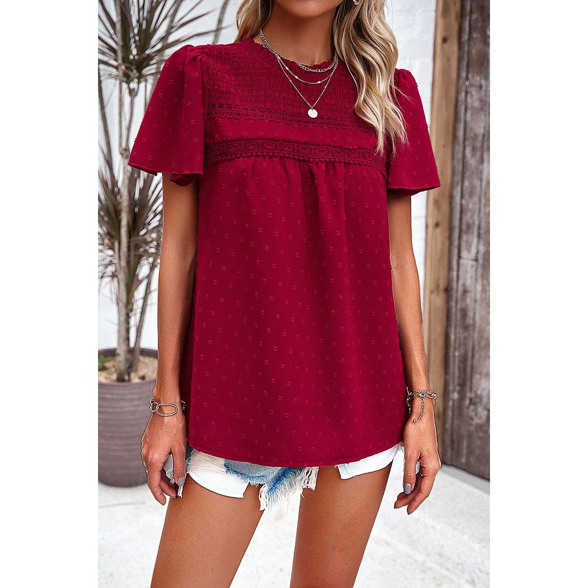 Cross Knot Swiss Dot Solid Loose Fit Top