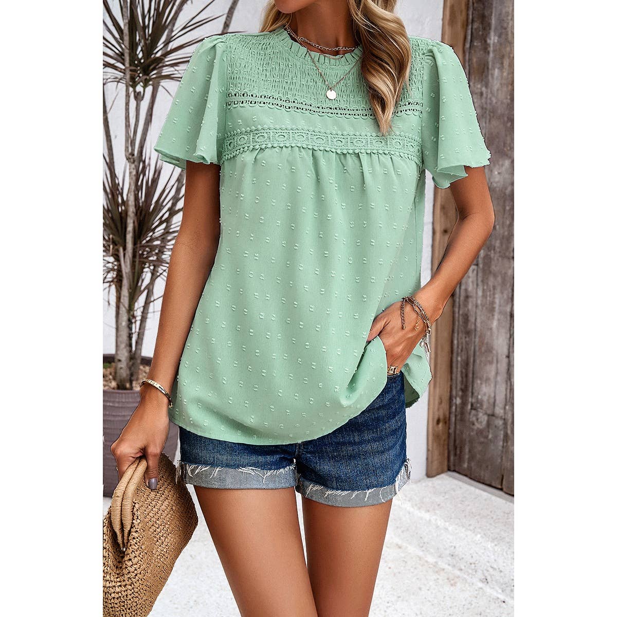 Cross Knot Swiss Dot Solid Loose Fit Top