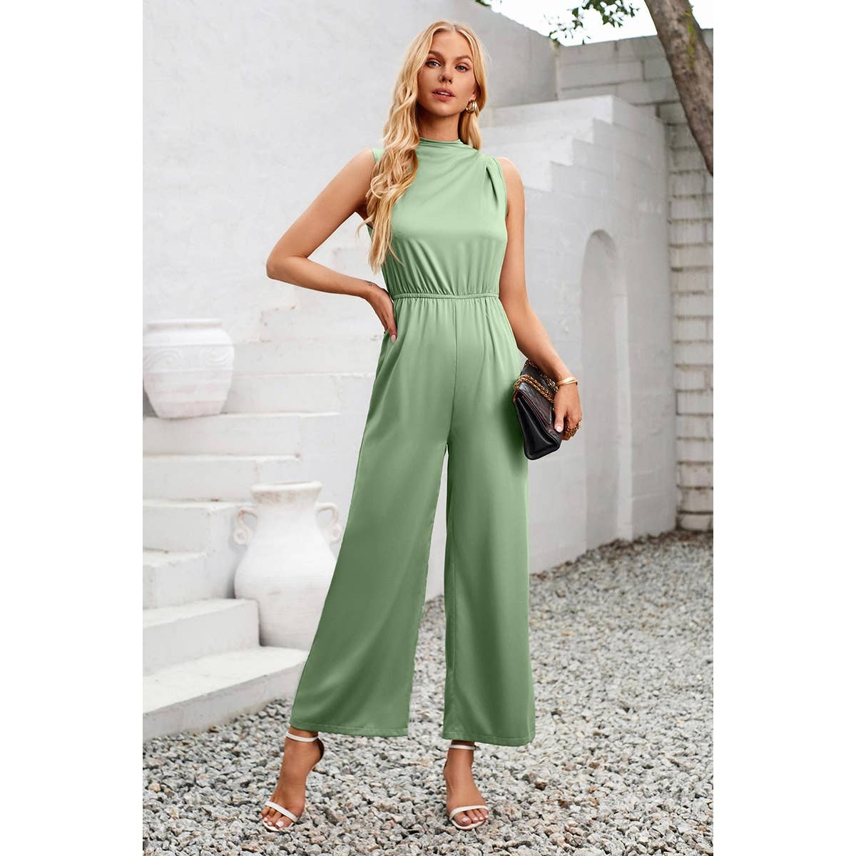 Cut Out Elastic Waist Open Back Knot Jumpsuit