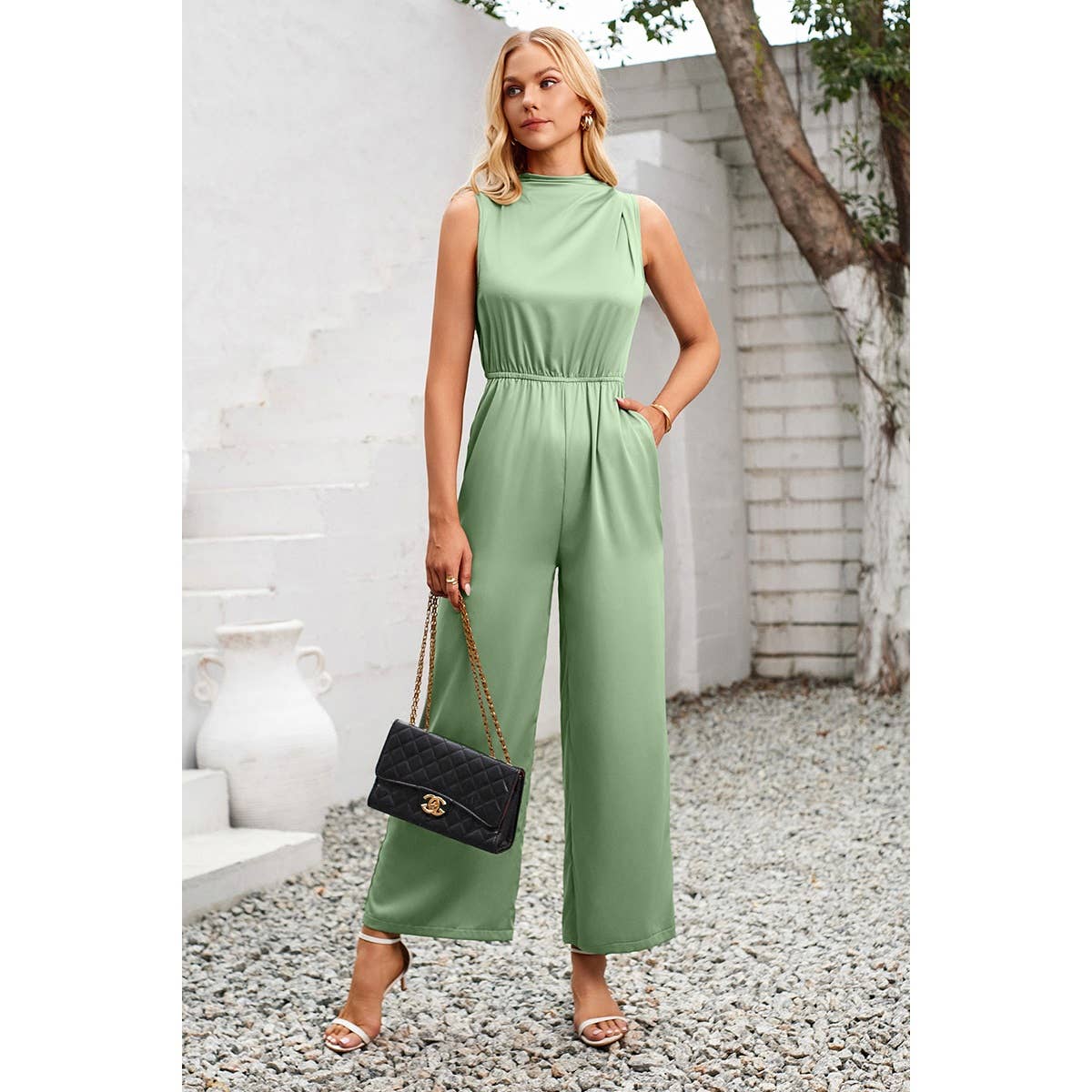 Cut Out Elastic Waist Open Back Knot Jumpsuit