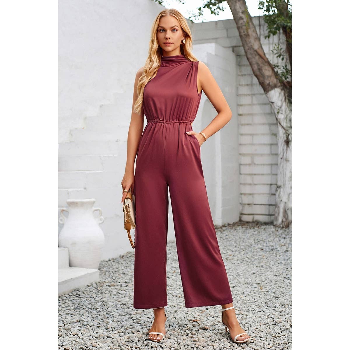 Cut Out Elastic Waist Open Back Knot Jumpsuit