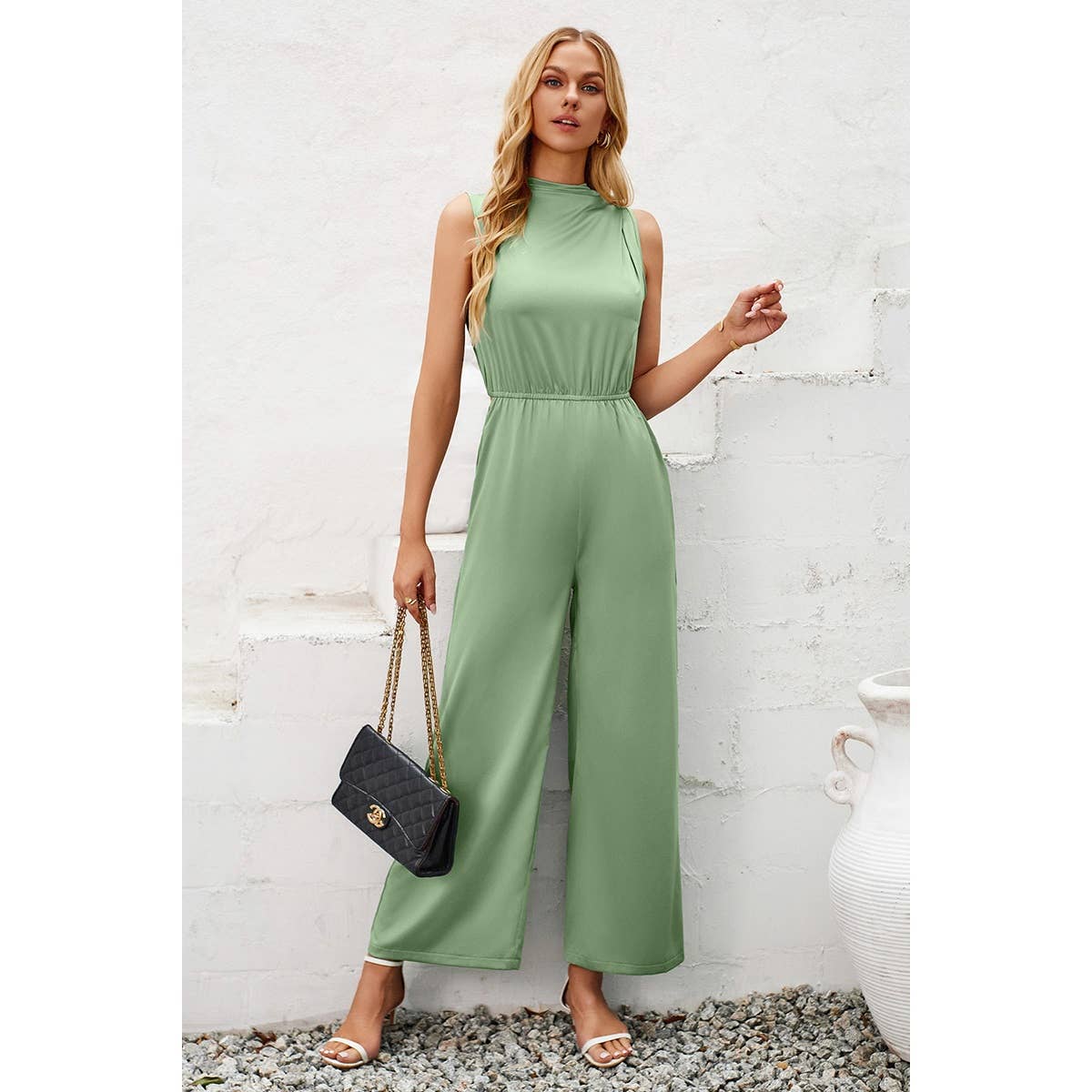 Cut Out Elastic Waist Open Back Knot Jumpsuit