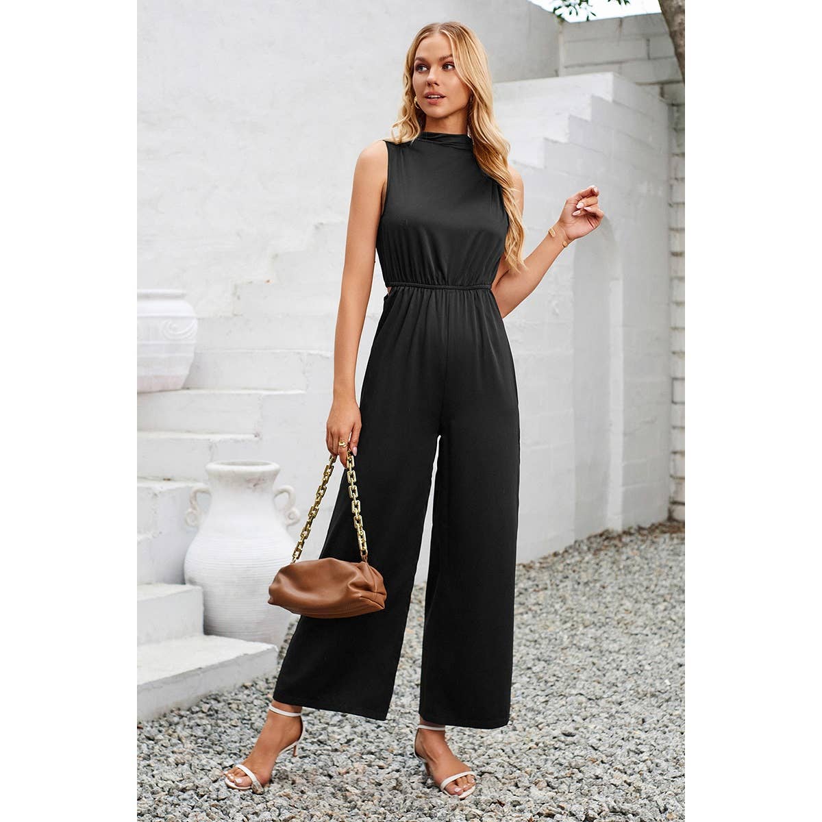 Cut Out Elastic Waist Open Back Knot Jumpsuit