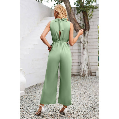 Cut Out Elastic Waist Open Back Knot Jumpsuit