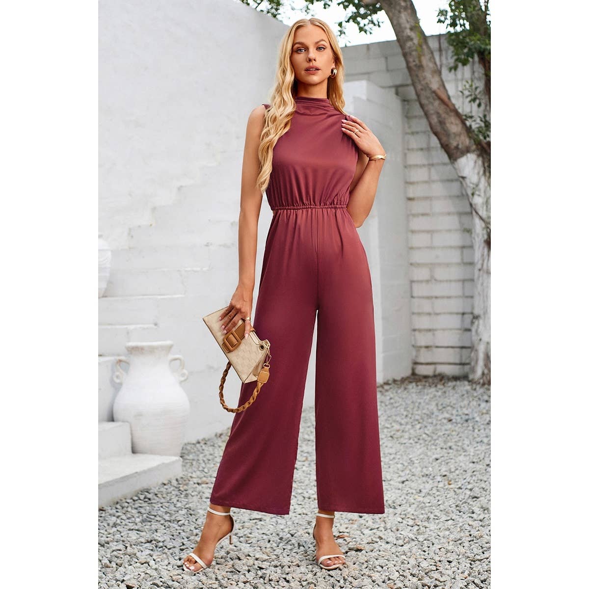 Cut Out Elastic Waist Open Back Knot Jumpsuit