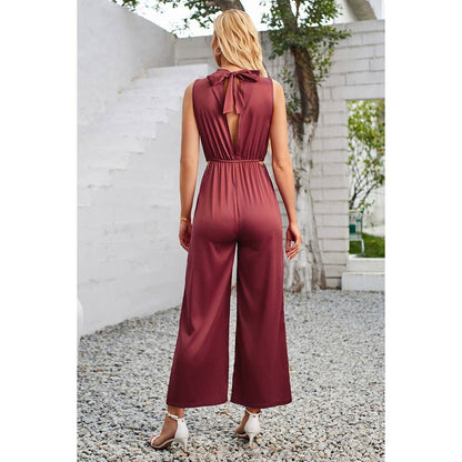 Cut Out Elastic Waist Open Back Knot Jumpsuit