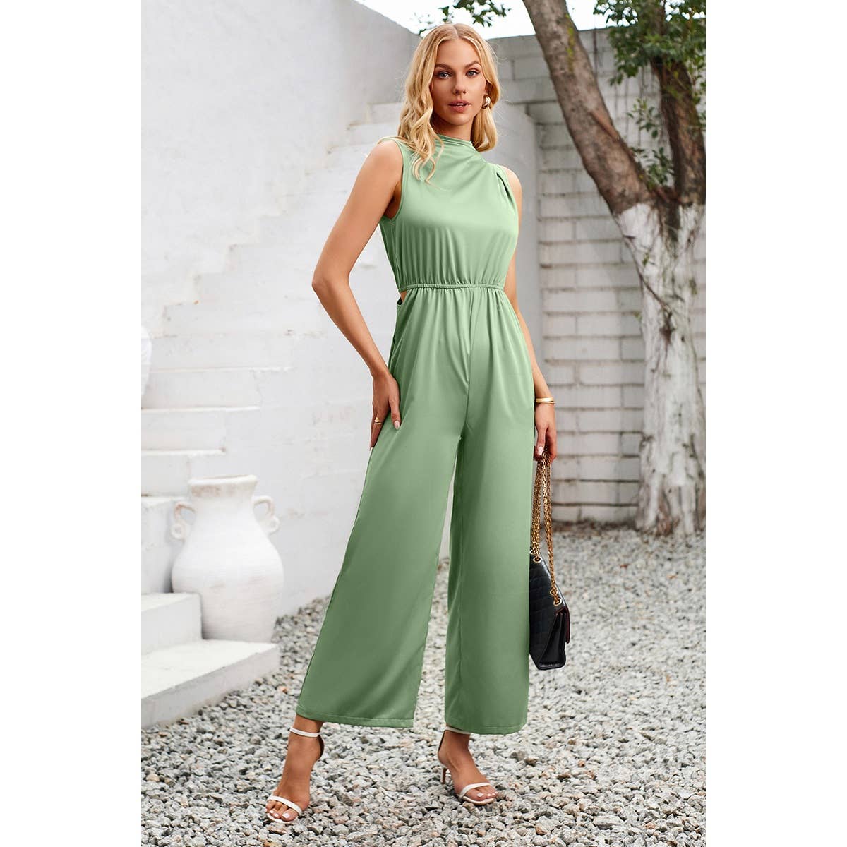 Cut Out Elastic Waist Open Back Knot Jumpsuit