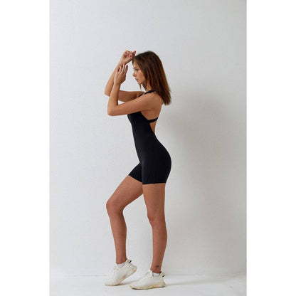 Cut Out Solid Active Fit Backless Shorts Jumpsuit