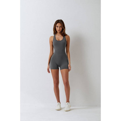 Cut Out Solid Active Fit Backless Shorts Jumpsuit