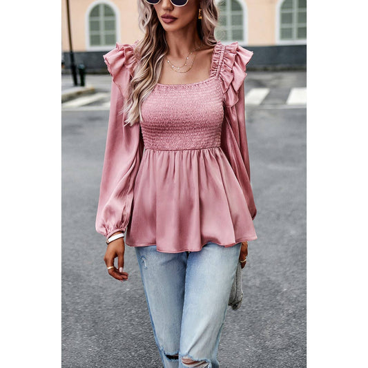 Truffle Solid Ruffle Sleeve Square Neck Blouse | Blouse - Women's | long sleeve top | Elings