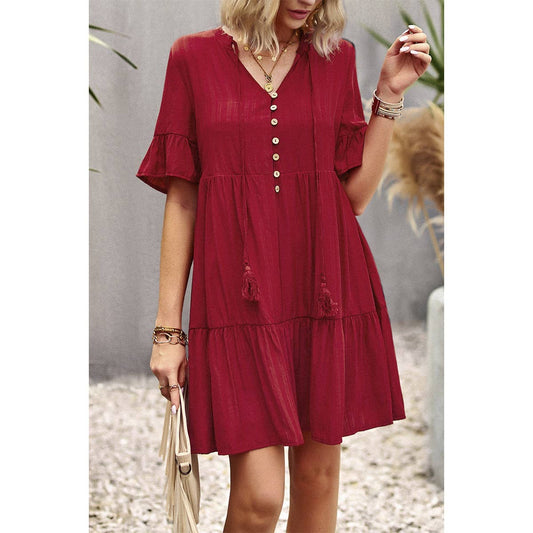 V Neck Button Hem Ruffle Solid Loose Fit Dress | Dress - Women's | 523, above the knee, Dress, LK | Elings