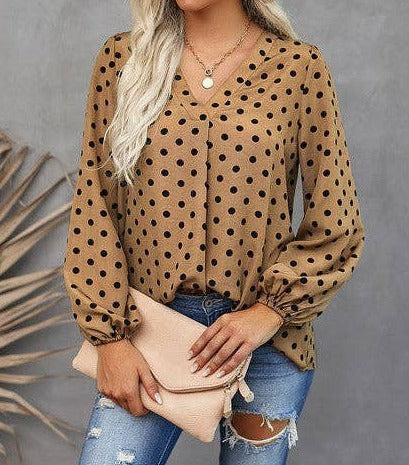 Polka Dot V Neck Long Sleeves Top | Casual Woven Top - Women's | 2024, Sale | Elings