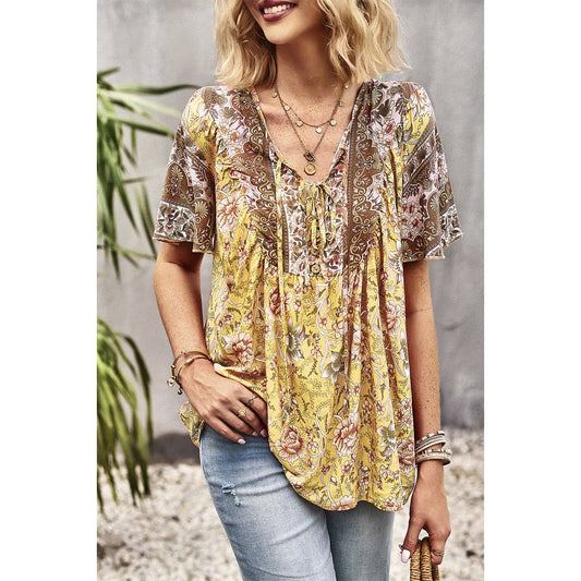 Button Knot V Neck Color Block Floral Loose Fit Top | Shirt - Women's | 523, Top, tops | Elings