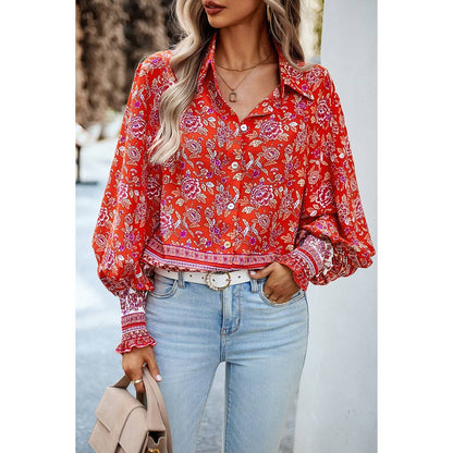 Floral Collared Button Down Wide Sleeve Blouse | Blouse - Women's | long sleeve top, New Arrivals | Elings