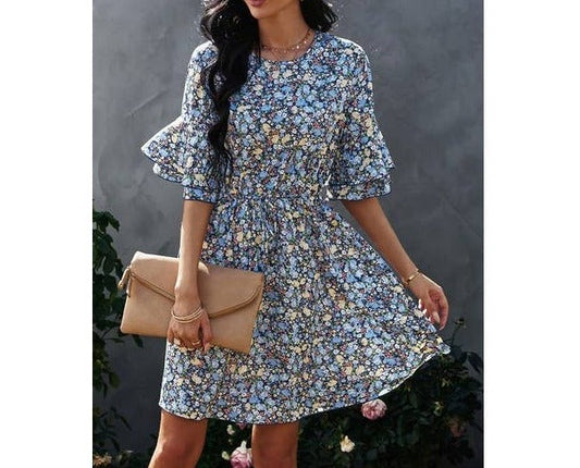 Crew Neck Half Sleeve Flower Dress | Dress - Women's | above the knee, Dress, LK | Elings