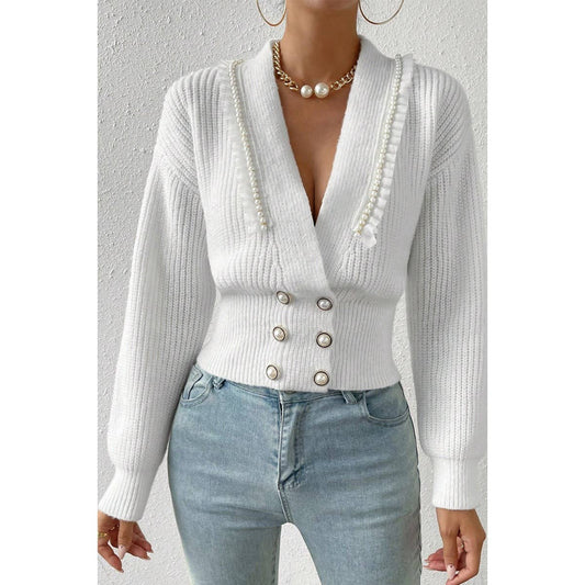 Deep V Double Breasted Pearl Beaded Decor Sweater | Knit Sweater - Women's | F, new arrival, shoppe247, SWEATER, Sweaters | Elings