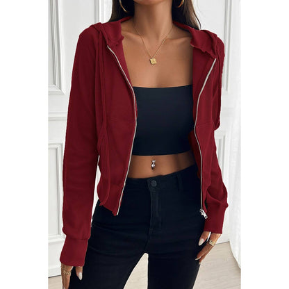 Solid Slim Fit Cropped Zipper Pockets Hoodie