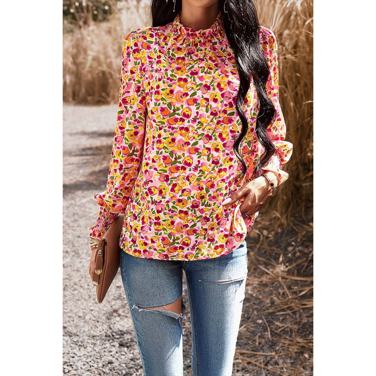 Ditsy Floral Ruffle Trim Mock Neck Blouse - Elings