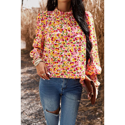 Ditsy Floral Ruffle Trim Mock Neck Blouse - Elings