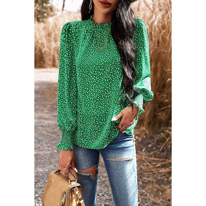 Ditsy Floral Ruffle Trim Mock Neck Blouse - Elings