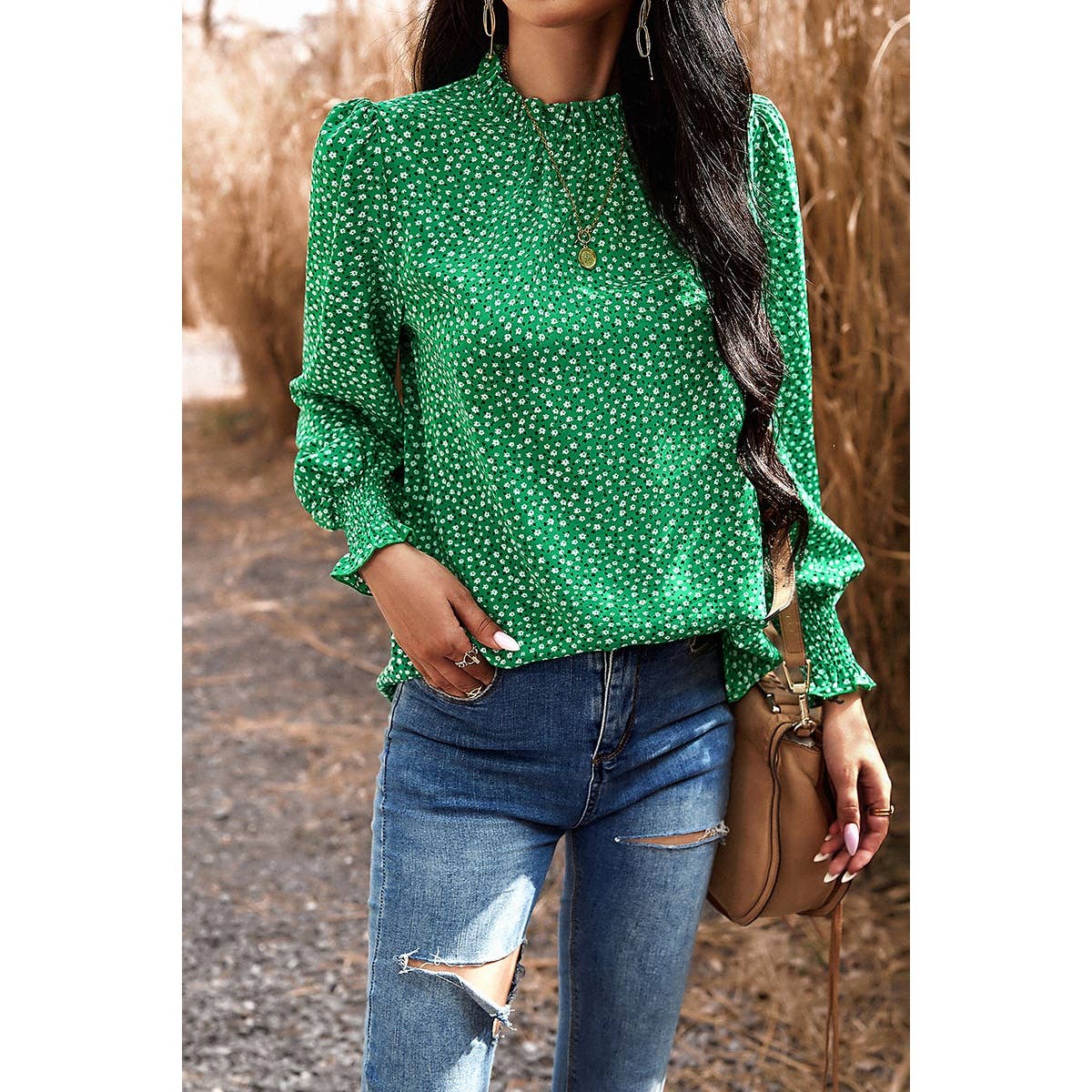 Ditsy Floral Ruffle Trim Mock Neck Blouse - Elings