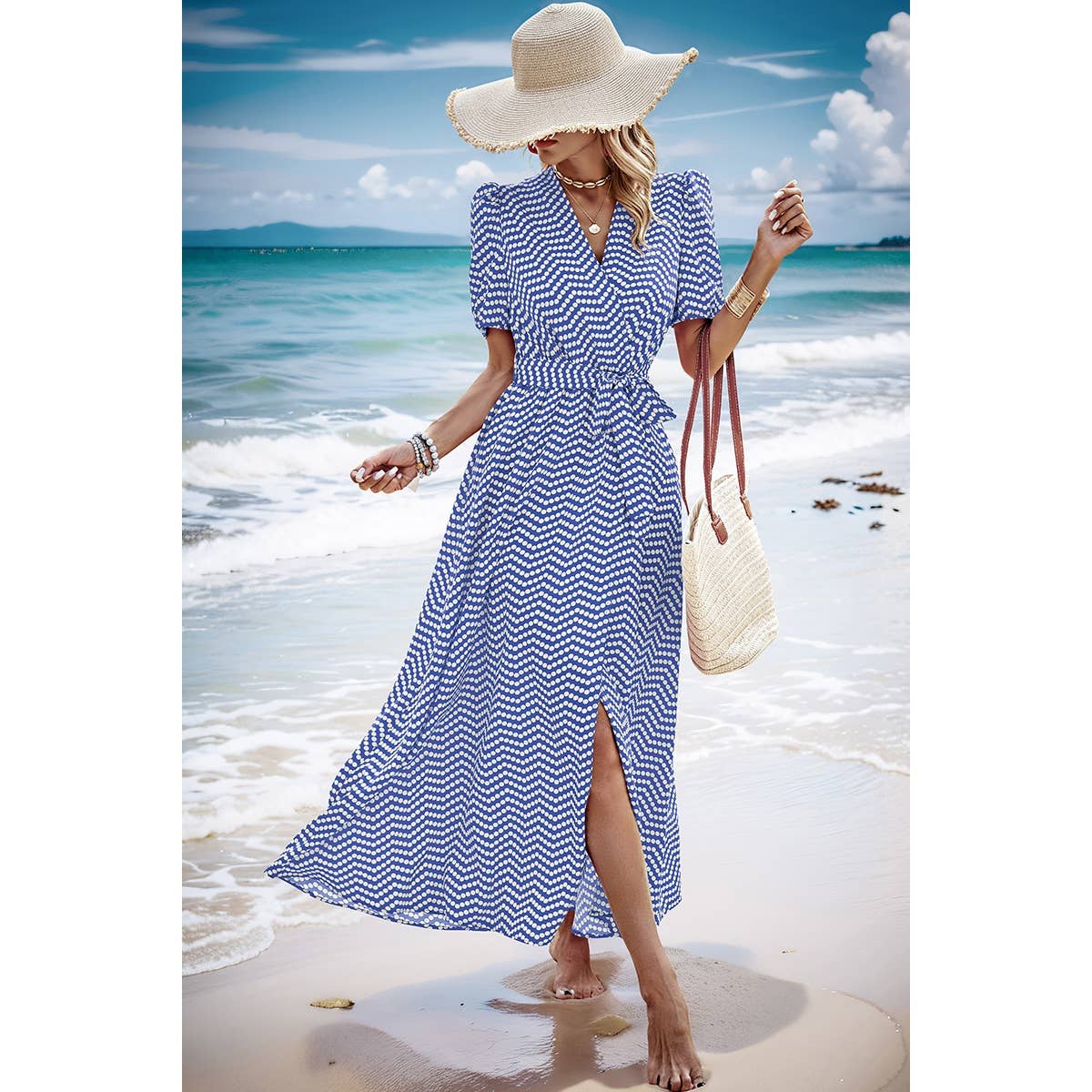 Dot Print Open Front Belt Knot V Neck Dress