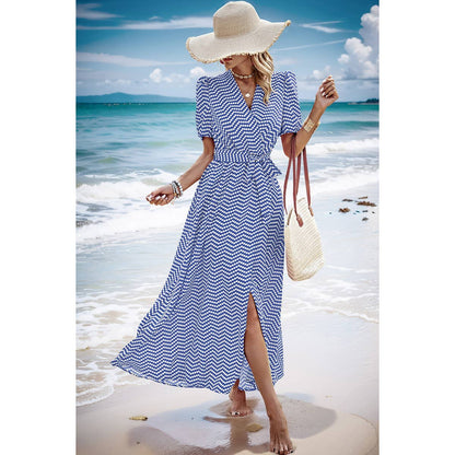 Dot Print Open Front Belt Knot V Neck Dress