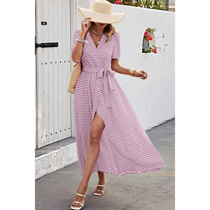 Dot Print Open Front Belt Knot V Neck Dress