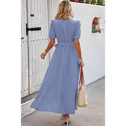 Dot Print Open Front Belt Knot V Neck Dress