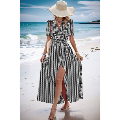 Dot Print Open Front Belt Knot V Neck Dress